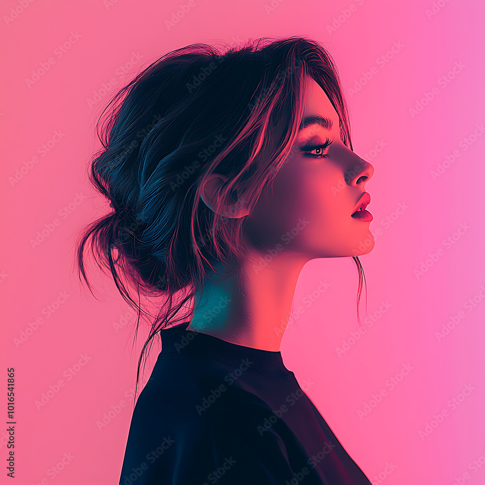 A striking minimalistic side profile of a young woman with her dark hair , set against a simple background