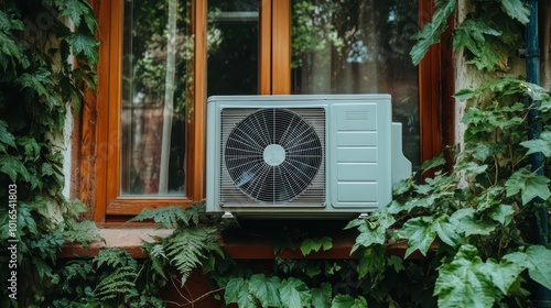 An exterior air conditioner unit sits beneath a window, its metallic fan encaged and surrounded by rich green foliage, embodying eco-friendliness and comfort. photo