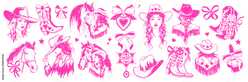 Cowgirl portrait set, hand drawn western woman face, vector coquettish Texas female sheriff star. American ranch lady portrait, traditional cowboy hat, girly boots, horse retro print. Cowgirl portrait Cowgirl portrait set, hand drawn western woman face, vector coquettish Texas female sheriff star. American ranch lady portrait, traditional cowboy hat, girly boots, horse retro print. Cowgirl portrait