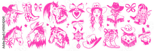 Cowgirl portrait set, hand drawn western woman face, vector coquettish Texas female sheriff star. American ranch lady portrait, traditional cowboy hat, girly boots, horse retro print. Cowgirl portrait