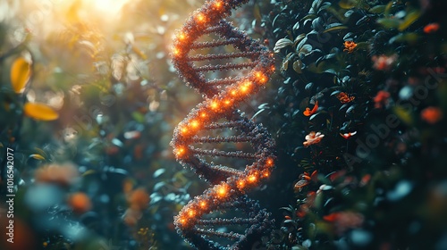 innovative intersection of biotechnology and natural elements featuring a dna double helix structure intertwined,botanical imagery symbolizing the fusion of genetic research.stock image