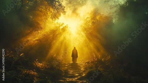 jesus christ as holy saviour beautiful light ray as power and sanctity symbol bible scene,religious soul appearance in saint land view from behind for mystical mood.stock image