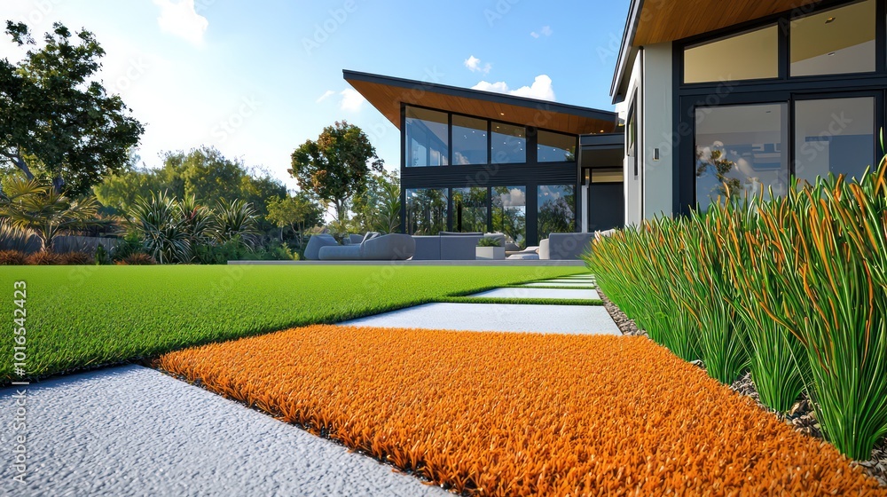 Glossy orange synthetic grass creating a vibrant outdoor area in front of a modern home with a minimalist concrete path Glossy orange synthetic grass creating a vibrant outdoor area in front of a modern home with a minimalist concrete path