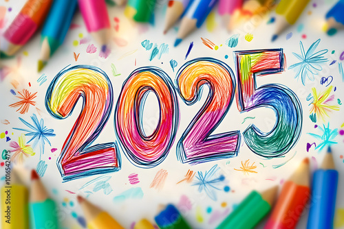 2025 drawing numbers, new year sketch greeting card, doodle celebrate banner, freehand eve poster