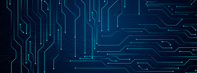 Abstract computer technology blue background banner futuristic business data technology modern concept, circuit board shape lines connecting link structure dark blue contrast.