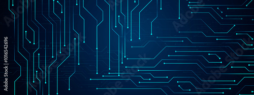 Abstract computer technology blue background banner futuristic business data technology modern concept, circuit board shape lines connecting link structure dark blue contrast.