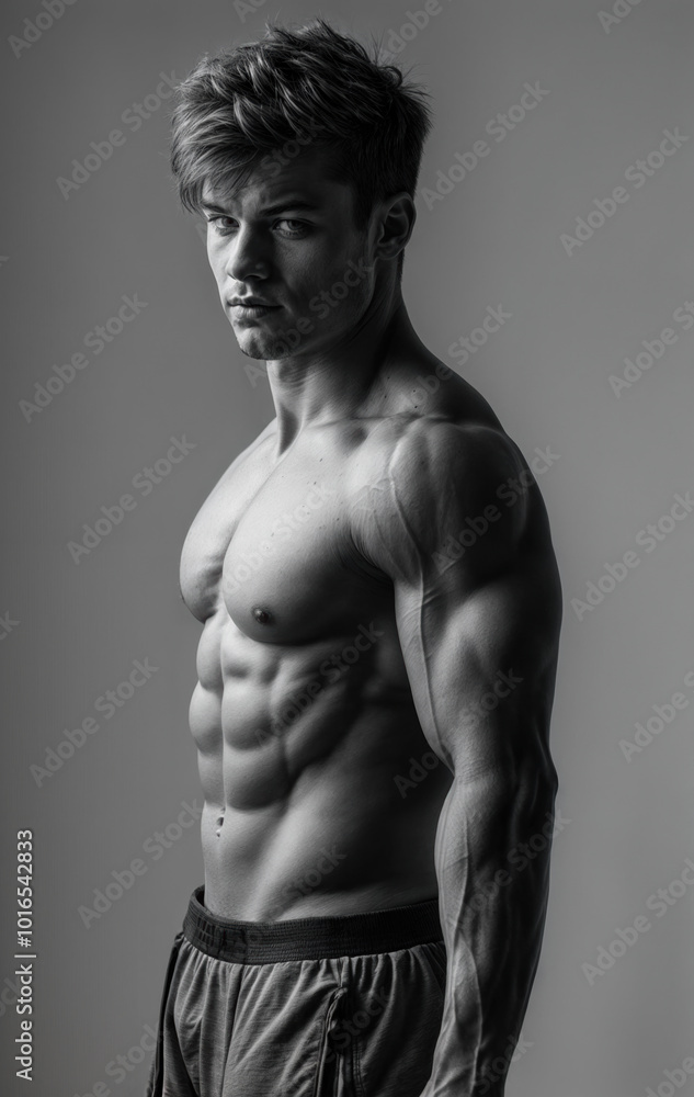 A man flexing his muscles in grayscale. The lighting highlights the muscles and shadows, emphasizing the definition and strength. A man flexing his muscles in grayscale. The lighting highlights the muscles and shadows, emphasizing the definition and strength.