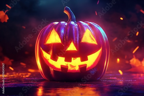 Wallpaper Mural Halloween evil pumpkin cartoon illustration, evil pumpkin face with neon light
 Torontodigital.ca