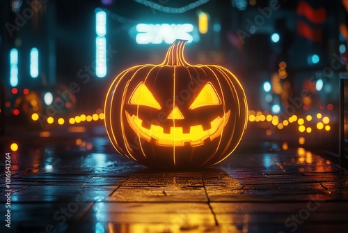 Wallpaper Mural Halloween evil pumpkin cartoon illustration, evil pumpkin face with neon light
 Torontodigital.ca