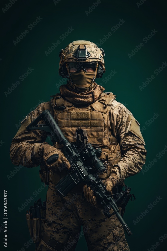 Bearded soldier in full combat gear holding rifle Bearded soldier in full combat gear holding rifle