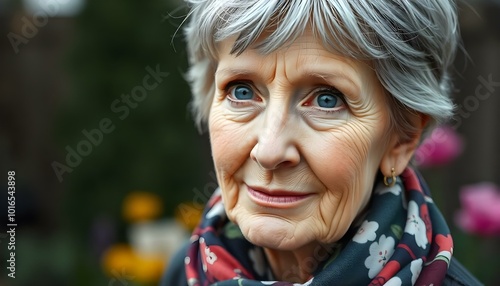 Elderly Caucasian woman with short gray hair, wearing a floral scarf against a blurred outdoor garden background