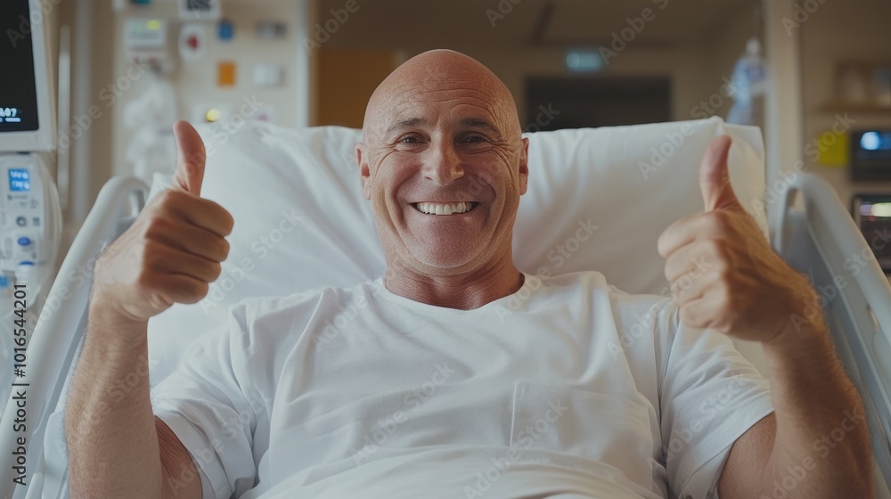 Joyful patient expressing positivity in hospital room Joyful patient expressing positivity in hospital room