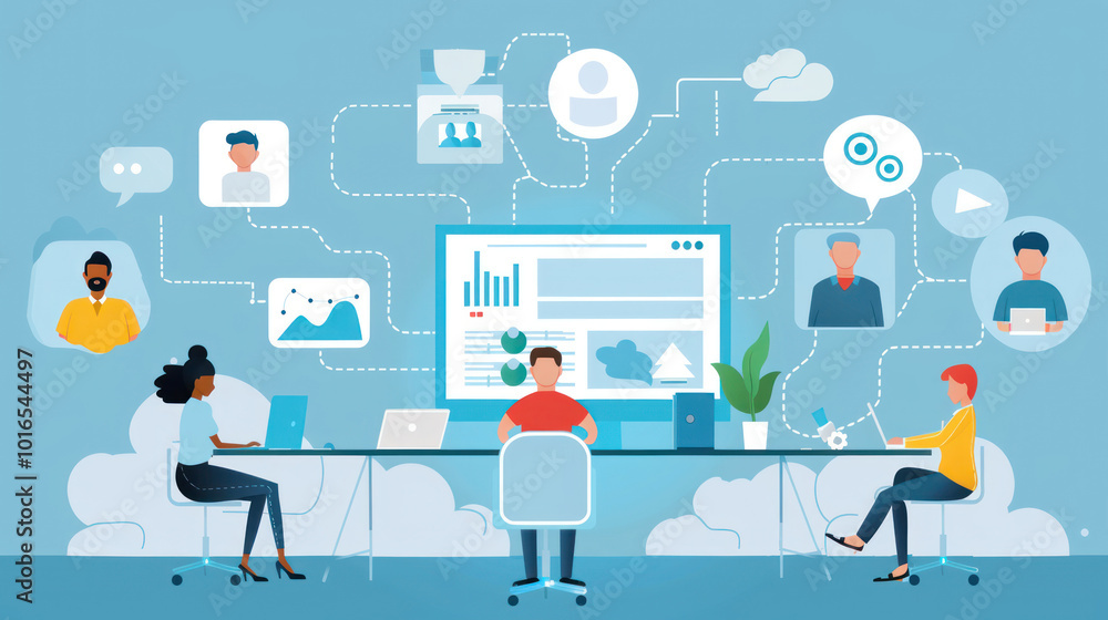 A remote team collaborating on a project using cloud-based software for file sharing, task management, and video conferencing. A remote team collaborating on a project using cloud-based software for file sharing, task management, and video conferencing.
