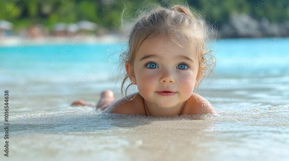little girl playing on the beach lying in a sand.illustration little girl playing on the beach lying in a sand.illustration