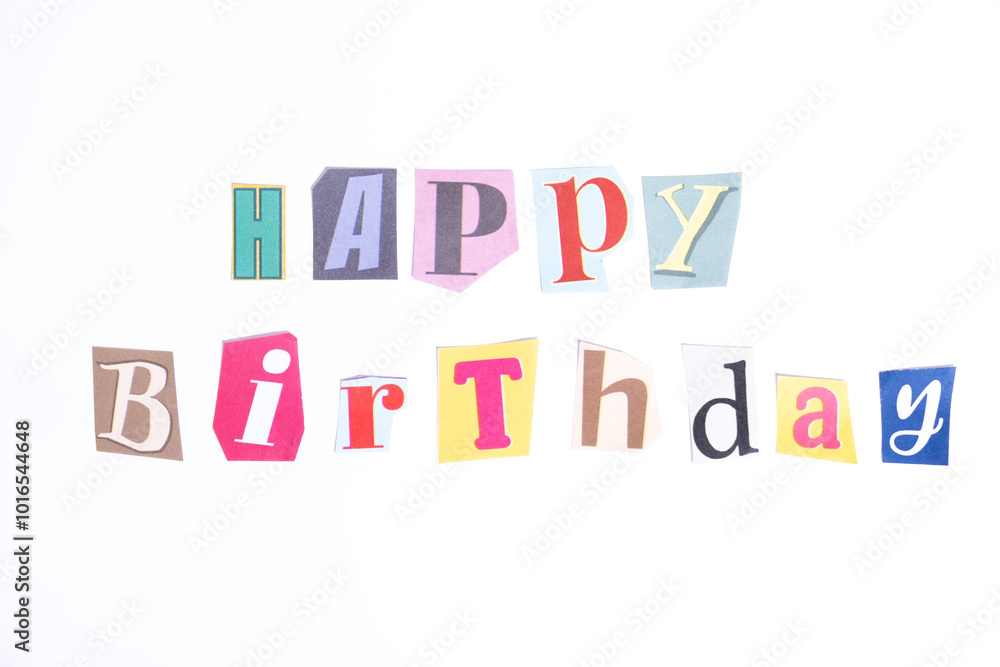 Concept words Happy Birthday isolated on clean white background in fun cut out newspaper style typescript. Concept birthday celebration. Concept words Happy Birthday isolated on clean white background in fun cut out newspaper style typescript. Concept birthday celebration.
