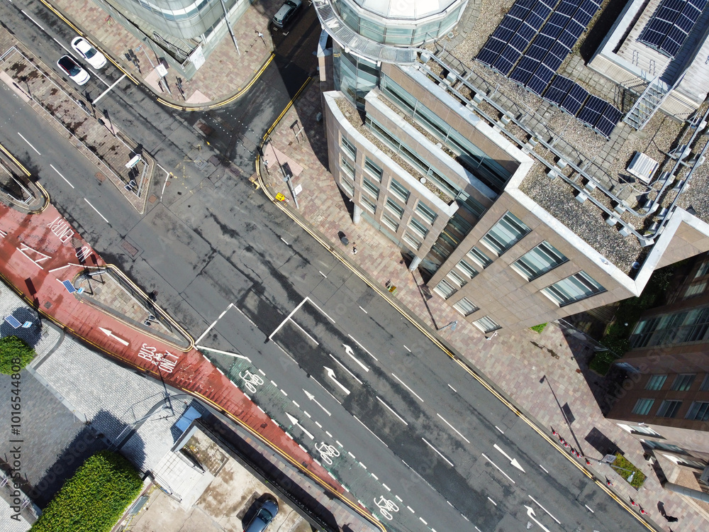 Aerial View of Buildings at Central Glasgow city of Scotland From River Clyde, Great Britain. Drone's camera Footage Was Captured on June 5th, 2024 from Medium High Altitude. Aerial View of Buildings at Central Glasgow city of Scotland From River Clyde, Great Britain. Drone's camera Footage Was Captured on June 5th, 2024 from Medium High Altitude.