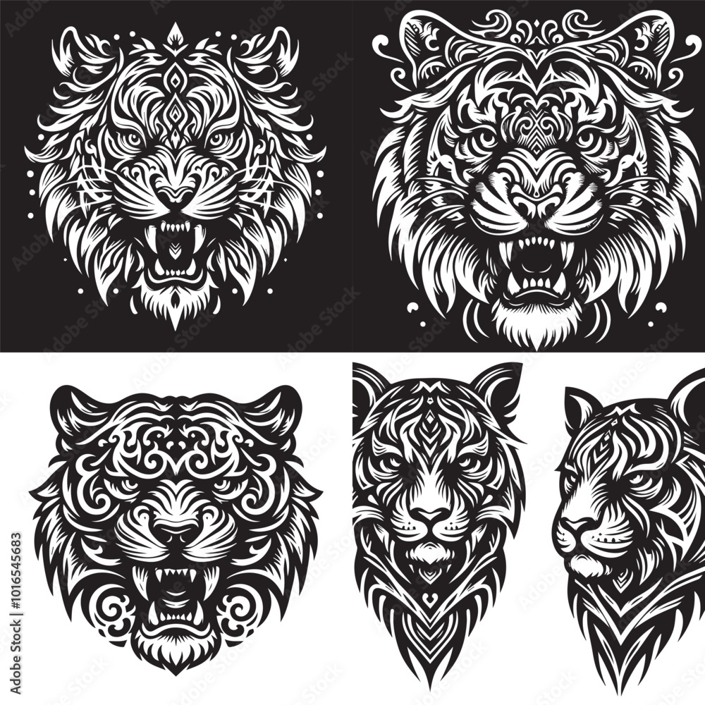 Tribal vector collection of tiger heads in black and white Tribal vector collection of tiger heads in black and white