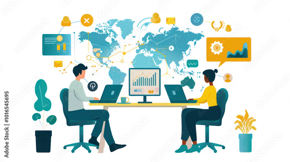A remote team in an emerging market working with global partners, coordinating efforts using cloud-based software and video calls. A remote team in an emerging market working with global partners, coordinating efforts using cloud-based software and video calls.