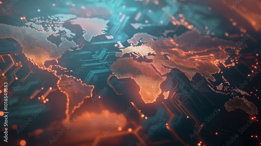 A digital map of the world with circuit patterns, symbolizing technology and connectivity. A digital map of the world with circuit patterns, symbolizing technology and connectivity.