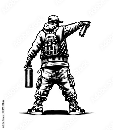 boy spray can graffiti engraving black and white outline