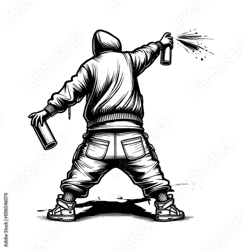 boy spray can graffiti engraving black and white outline