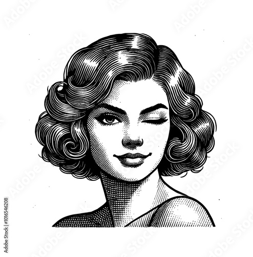 woman retro wink engraving black and white outline