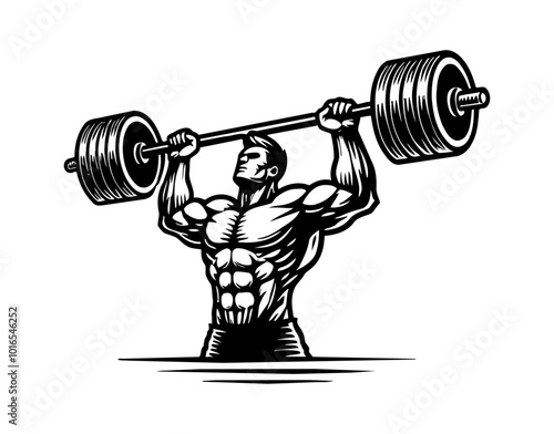 man lift barbell engraving black and white outline
