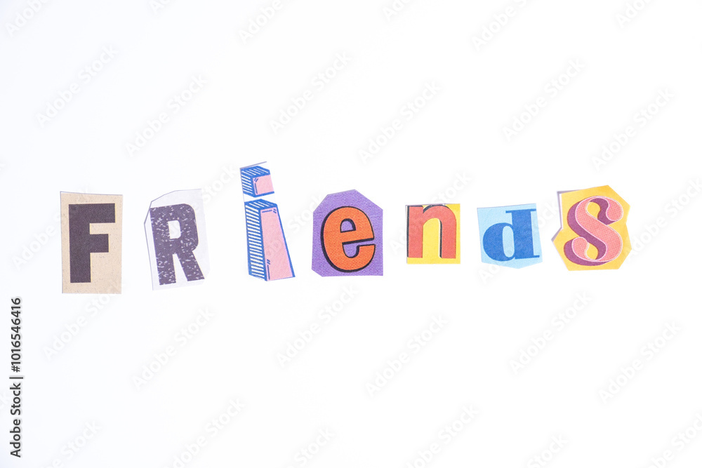 Phrase Friends spelled in cut out newspaper style typography isolated on white background. Phrase Friends spelled in cut out newspaper style typography isolated on white background.