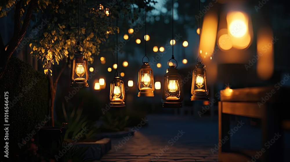 Nighttime outdoor gathering illuminated by a row of hanging oil lamps, their warm light adding a festive atmosphere. Nighttime outdoor gathering illuminated by a row of hanging oil lamps, their warm light adding a festive atmosphere.