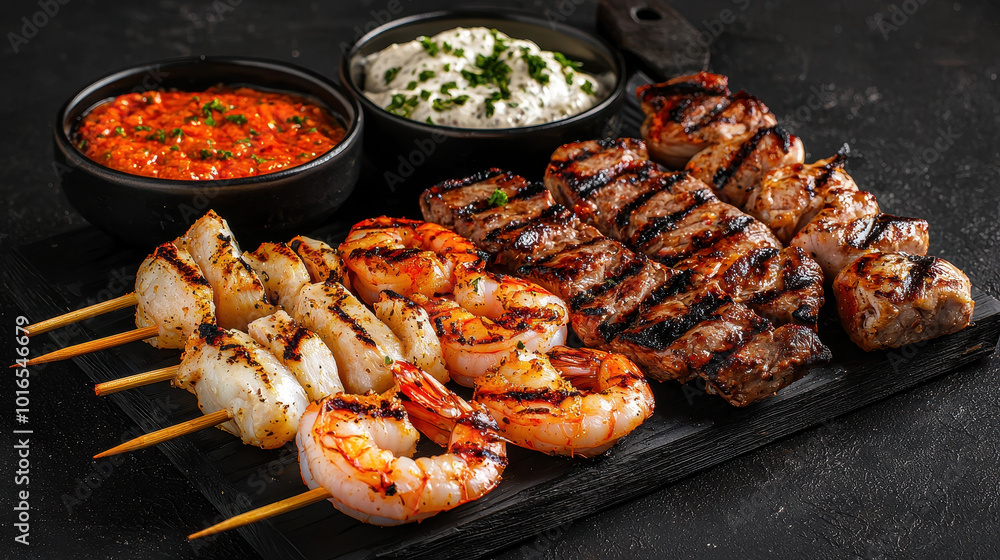Grilled skewers featuring shrimp, chicken, and beef, served with flavorful sauces. This delicious platter is perfect for gatherings and evokes sense of culinary delight Grilled skewers featuring shrimp, chicken, and beef, served with flavorful sauces. This delicious platter is perfect for gatherings and evokes sense of culinary delight