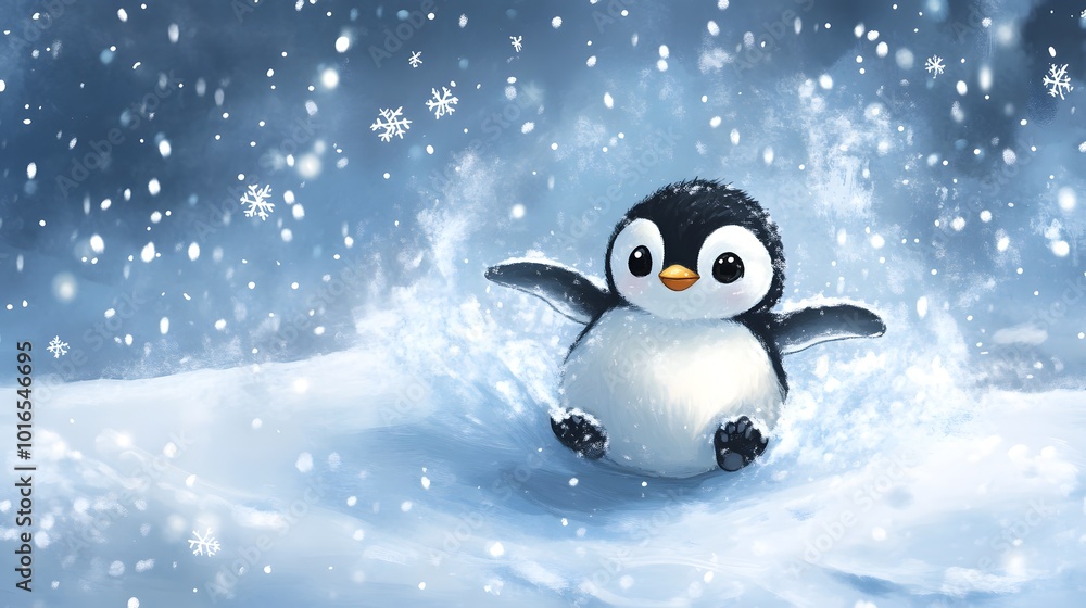A baby penguin sliding on ice, with a joyful expression and snowflakes falling around.
A baby penguin sliding on ice, with a joyful expression and snowflakes falling around.
