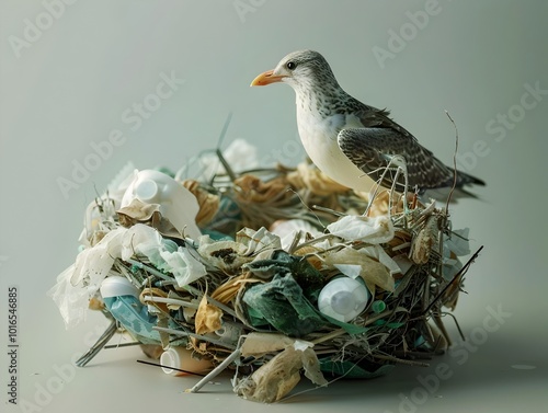 Bird s Nest Made of Plastic Waste Showcasing Adaptation to Polluted Environments photo