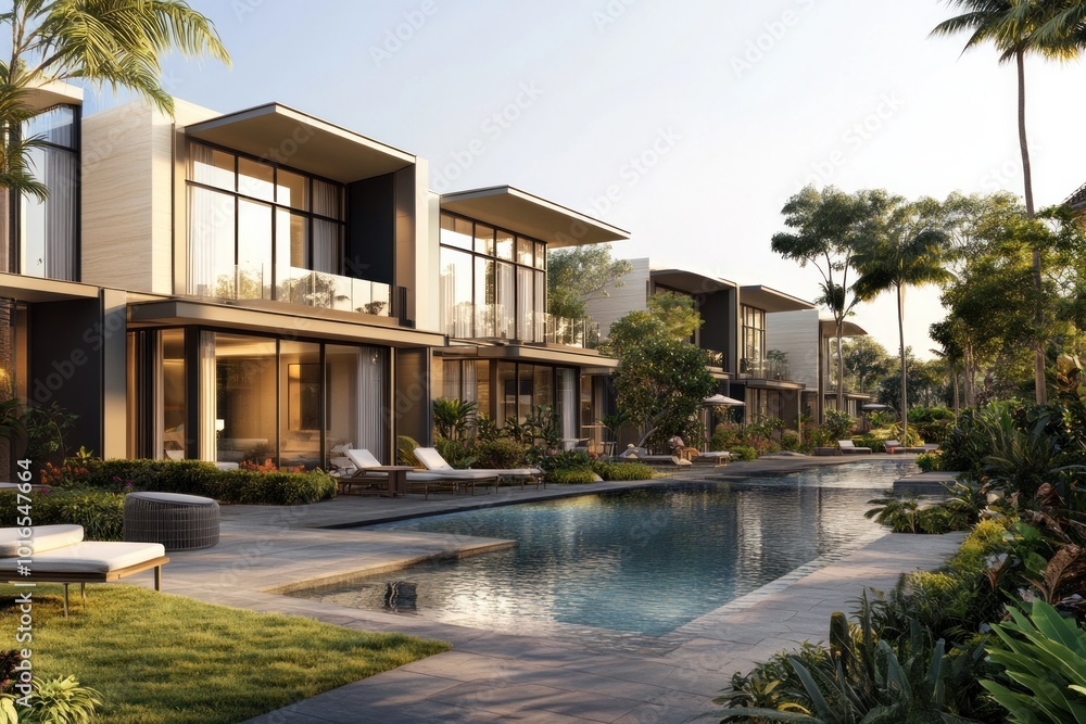 Fototapeta premium Modern townhouses and villas Combines contemporary architecture with premium amenities. The villa has a private pool, large garden and spacious outdoor living area.