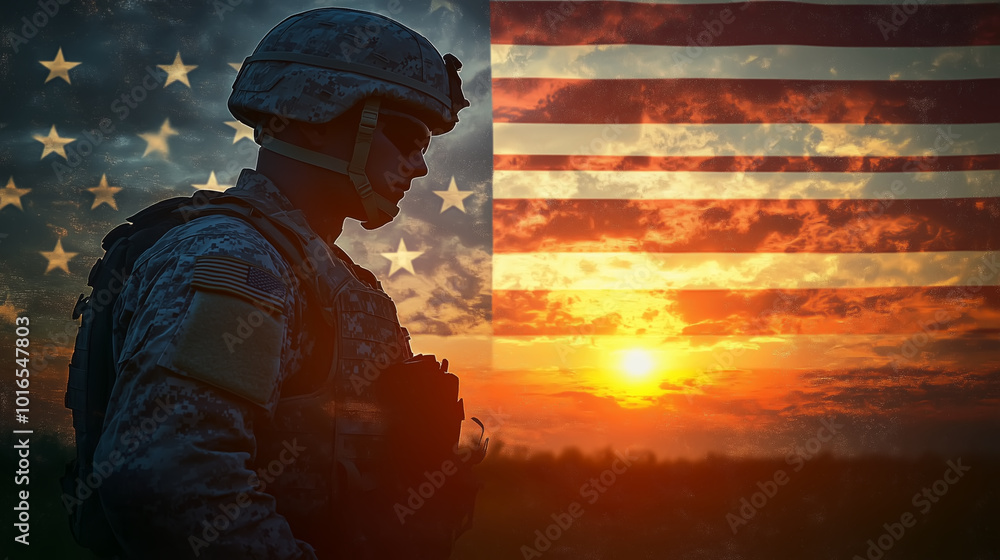 Fototapeta premium Double exposure Silhouette of Soldier on the United States flag in sunset. Veterans Day Concept