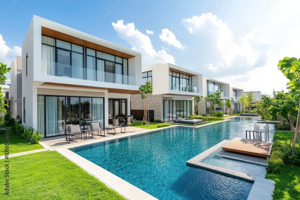 Fototapeta premium Modern townhouses and villas ​​Combines contemporary architecture with premium amenities. The villa has a private pool, large garden and spacious outdoor living area.