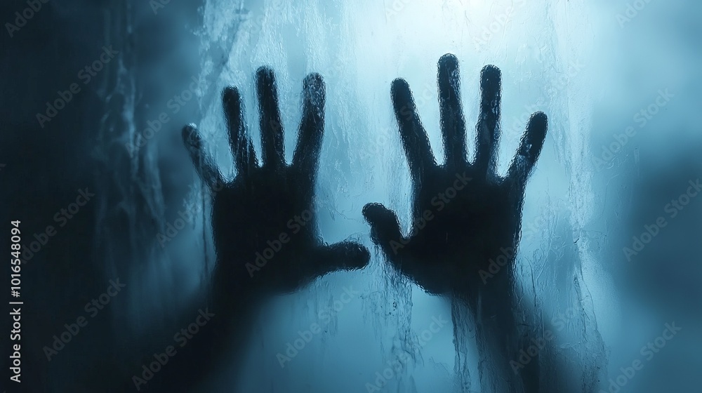 Mysterious handprints pressed against foggy glass in a dark and eerie atmosphere Mysterious handprints pressed against foggy glass in a dark and eerie atmosphere