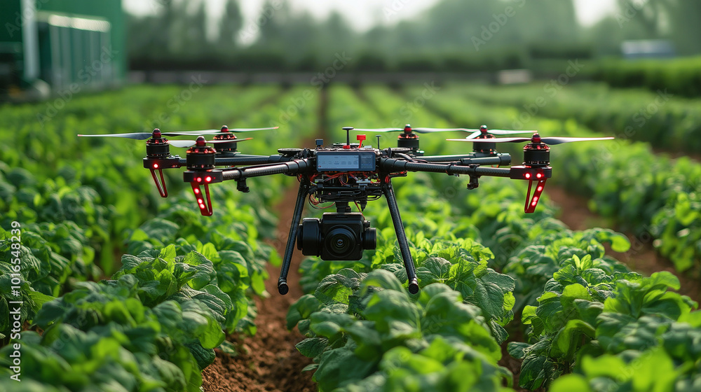 A high-tech drone hovers over lush crops, capturing data to optimize modern farming through precision agriculture, merging technology and sustainability for efficient growth. A high-tech drone hovers over lush crops, capturing data to optimize modern farming through precision agriculture, merging technology and sustainability for efficient growth.