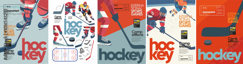 Hockey. Vector modern illustration of hockey player, match or tournament on ice, puck, stick, skates for poster, background, flyer or leaflet