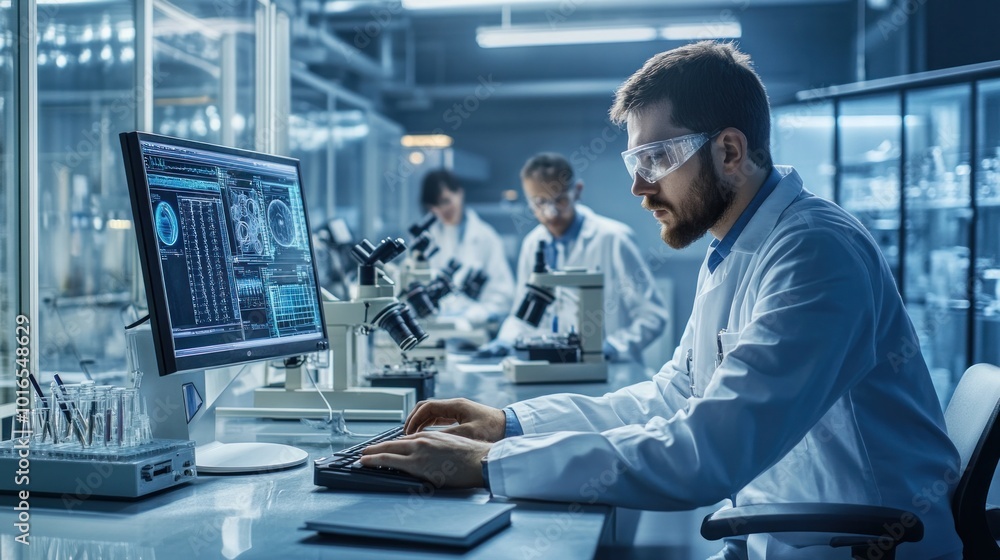 Industrial engineer in sterile overalls focuses on desktop computer behind him Scientist working with microscope develop advanced technology Industrial engineer in sterile overalls focuses on desktop computer behind him Scientist working with microscope develop advanced technology