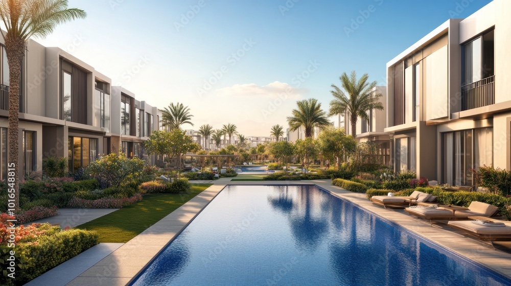 Fototapeta premium modern townhouse Outstanding elegant design The villa has a private pool, terrace and inviting landscaped gardens.