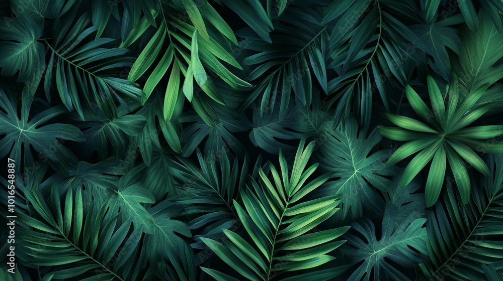 Lush tropical foliage creates a dense, verdant backdrop of overlapping palm fronds and exotic leaves in deep emerald and forest green hues, evoking a jungle atmosphere. Lush tropical foliage creates a dense, verdant backdrop of overlapping palm fronds and exotic leaves in deep emerald and forest green hues, evoking a jungle atmosphere.