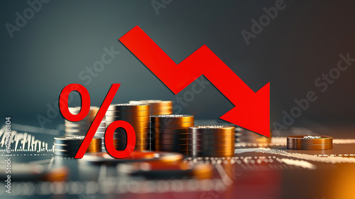 3D rendering of a bank rate cut concept with a descending red curve symbolizing the lowering of interest rates