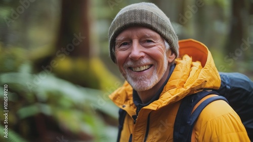 Happy senior man smiles brightly as he enjoys an active lifestyle during a camping trip in nature. He was surrounded by trees and tents. A love of the outdoors and staying healthy.