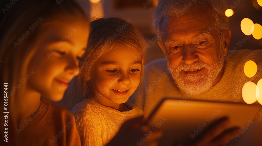 Cozy Family Evening: Grandparent and Kids Enjoy Time Together with Tablet Cozy Family Evening: Grandparent and Kids Enjoy Time Together with Tablet