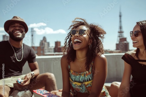 Group of friends playing games and laughing together on the rooftop in the summer sunshine Carefree fun photo