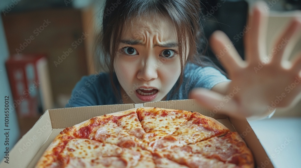 A surprised young woman with wide eyes and an open mouth gestures dramatically at a freshly delivered, steaming hot pizza in an open cardboard box. A surprised young woman with wide eyes and an open mouth gestures dramatically at a freshly delivered, steaming hot pizza in an open cardboard box.