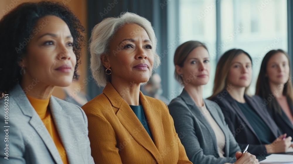 A diverse group of mature professional businesswomen and colleagues participated in the workshop presentation. By sitting in a modern conference room. A diverse group of mature professional businesswomen and colleagues participated in the workshop presentation. By sitting in a modern conference room.