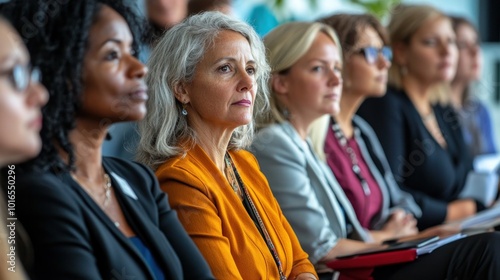 A diverse group of mature professional businesswomen and colleagues participated in the workshop presentation. By sitting in a modern conference room.