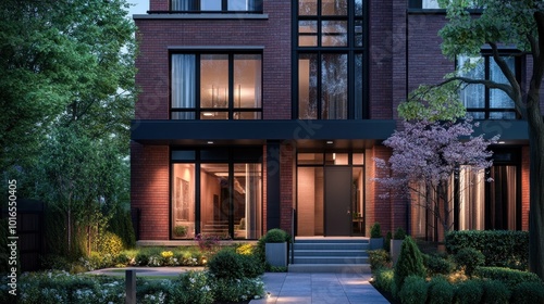 A contemporary townhouse with a striking design, blending brick and glass elements. The small front garden and open layout create a perfect balance between urban living and home comfort photo