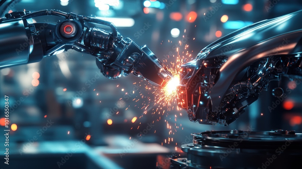 Two robotic arms creating sparks during a welding process in a futuristic industrial setting. Two robotic arms creating sparks during a welding process in a futuristic industrial setting.